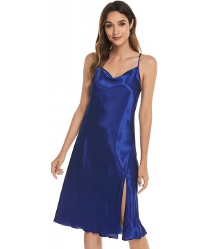 Slips Satin Nightshirts Sexy Nightdress Spaghetti Strap Negligee Nightgown Chemise Slip with Deep V Neck - Z-navy - CS19995GHU8