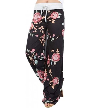 Bottoms Wide Leg Pants for Womens Ladies Comfy Stretch Floral Print Drawstring Palazzo Lounge Pants Casual Pajama Pants Black...