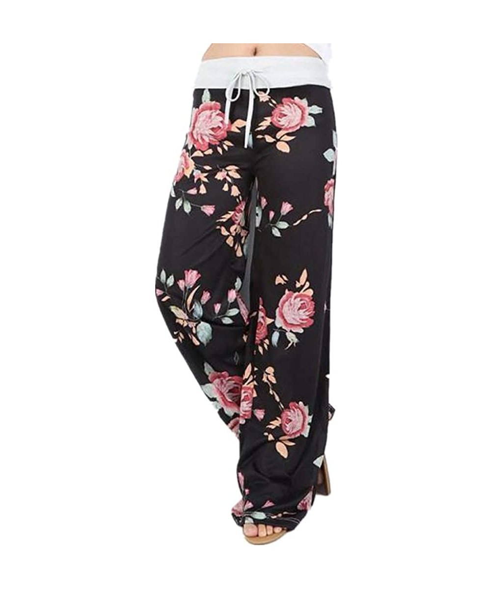 Bottoms Wide Leg Pants for Womens Ladies Comfy Stretch Floral Print Drawstring Palazzo Lounge Pants Casual Pajama Pants Black...