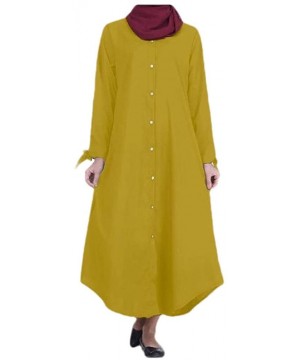 Robes Womens Buttoned Muslim Solid Color Islamic Solid-Colored Kaftan Abaya - Yellow - CB1900O3I4R