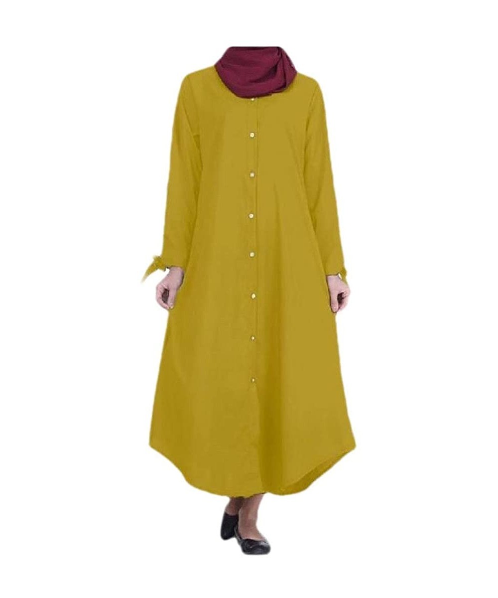 Robes Womens Buttoned Muslim Solid Color Islamic Solid-Colored Kaftan Abaya - Yellow - CB1900O3I4R