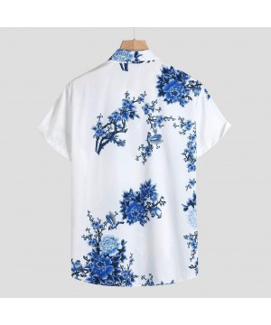 Sleep Tops Mens Loose Lump Chest Print Short Sleeve Turn-Down Collar Round Hem Shirts Tee Tops - Blue - CZ1942HLUC0