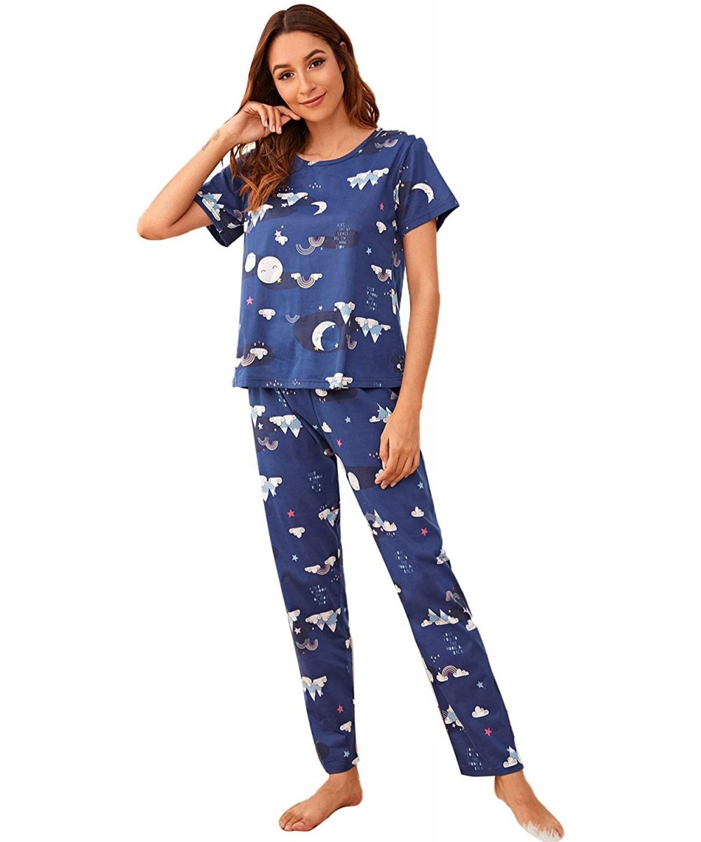 Sets Women's Casual Short Sleeve Top and Pants Two Piece Sleepwear Pajama Set - Navy - CV197KWWN5H