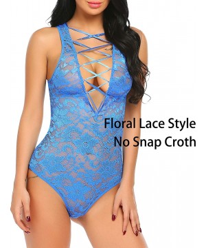 Baby Dolls & Chemises Women Deep V Lingerie Laceup Bodysuit Lace Teddy One Piece Babydoll - Blue - C318LTZGCAX