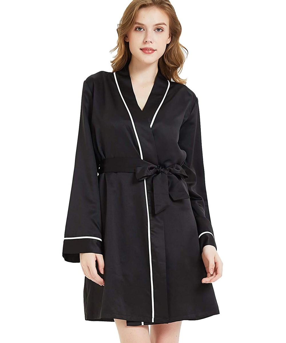 Robes Womens Silky Satin Kimono with Long Sleeves Bathrobe Soft Sleepwear V Neck Lingerie Wedding Party Robes Black Kimono - ...