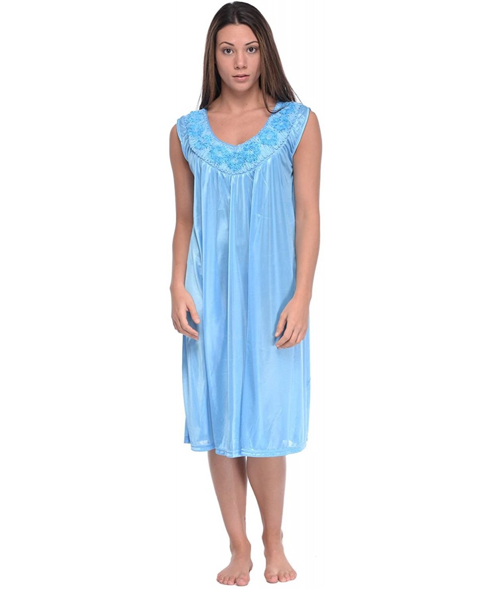 Nightgowns & Sleepshirts Women's Sleeveless Flower Satin Nightgown - Blue - CS12CF6XQGN