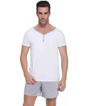 Sleep Sets Men's Pajama Set Cotton Sleepwear Lounge Set 3-Button Neck Short Sleeves Tops and Shorts - E-white Gray - CN19D5OT4CW