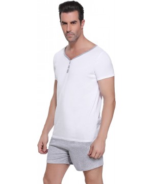 Sleep Sets Men's Pajama Set Cotton Sleepwear Lounge Set 3-Button Neck Short Sleeves Tops and Shorts - E-white Gray - CN19D5OT4CW