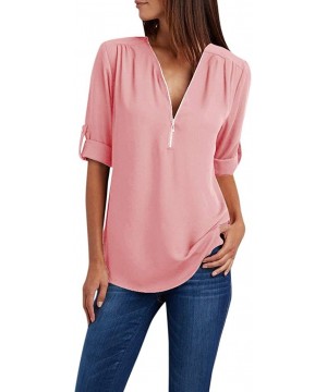 Robes Women's Blouse Sexy Long Sleeves V Neck Tops Fashion Zipper Loose Chiffon Shirts - Pink - CG18XCZZ8DT