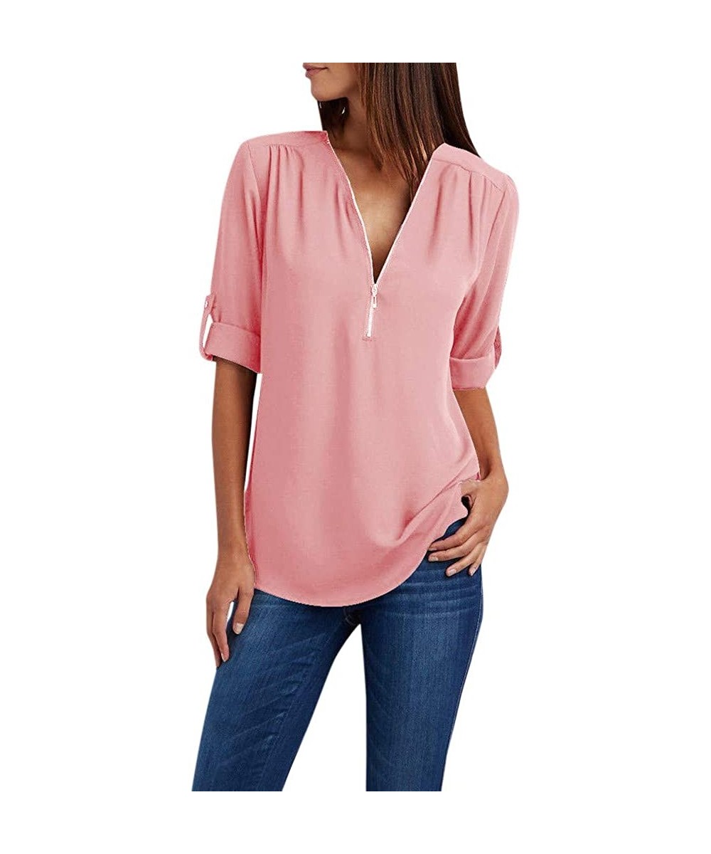 Robes Women's Blouse Sexy Long Sleeves V Neck Tops Fashion Zipper Loose Chiffon Shirts - Pink - CG18XCZZ8DT