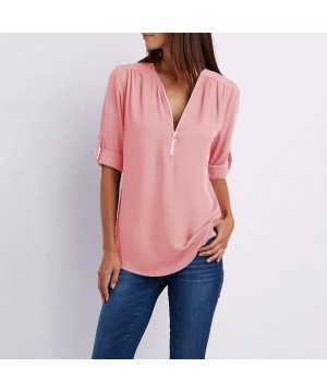 Robes Women's Blouse Sexy Long Sleeves V Neck Tops Fashion Zipper Loose Chiffon Shirts - Pink - CG18XCZZ8DT