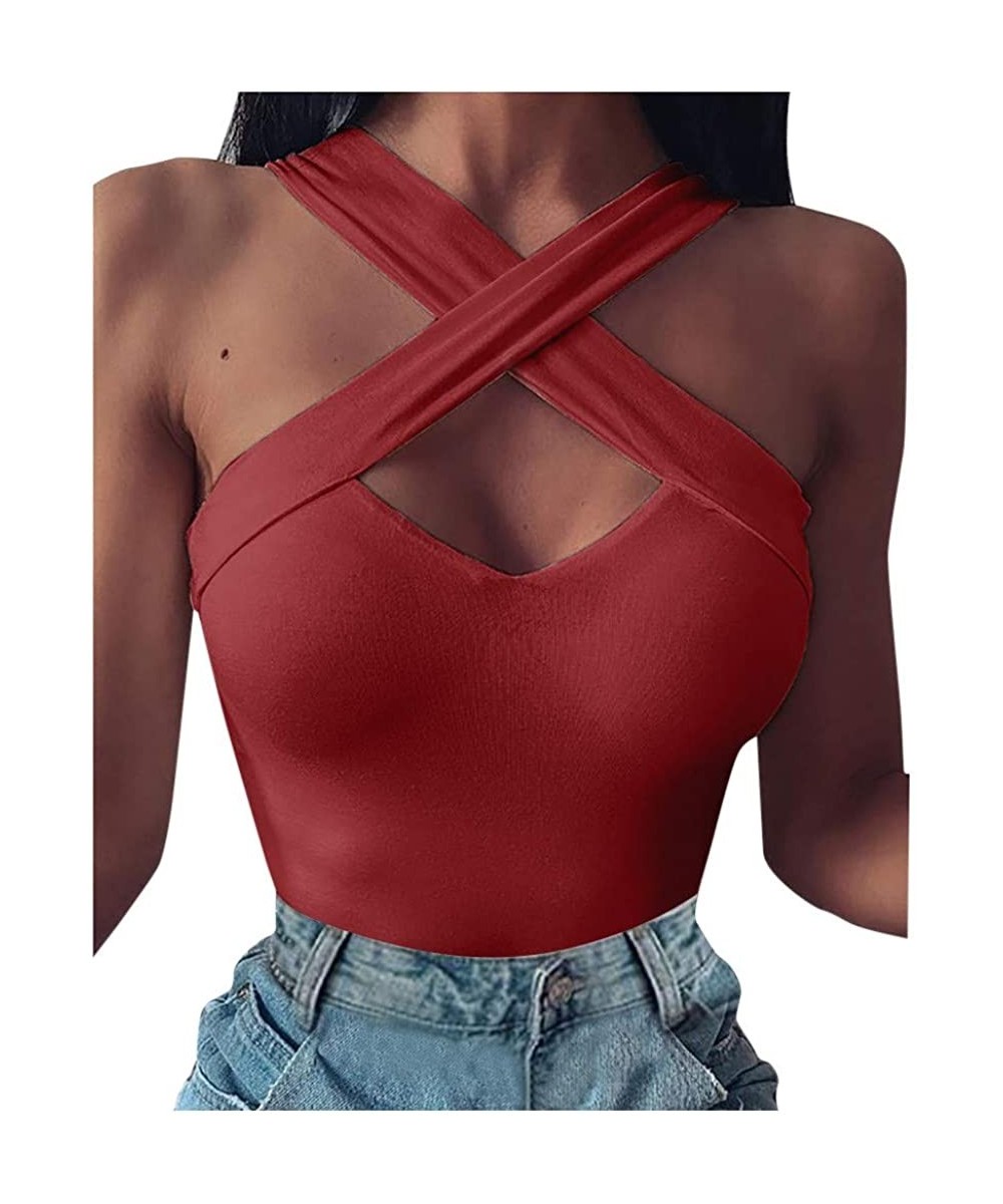 Camisoles & Tanks Women's Spaghetti Criss Cross Camisole Crop Top Summer Strap Satin Cami Tank Tops - Red - C2197L4C40K