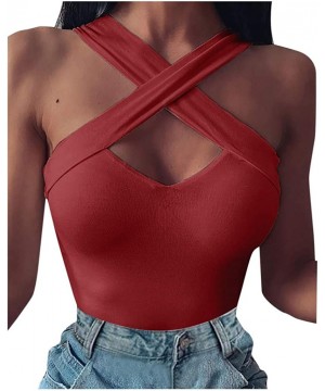 Camisoles & Tanks Women's Spaghetti Criss Cross Camisole Crop Top Summer Strap Satin Cami Tank Tops - Red - C2197L4C40K