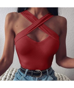 Camisoles & Tanks Women's Spaghetti Criss Cross Camisole Crop Top Summer Strap Satin Cami Tank Tops - Red - C2197L4C40K