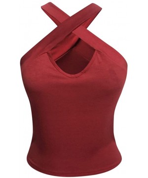 Camisoles & Tanks Women's Spaghetti Criss Cross Camisole Crop Top Summer Strap Satin Cami Tank Tops - Red - C2197L4C40K