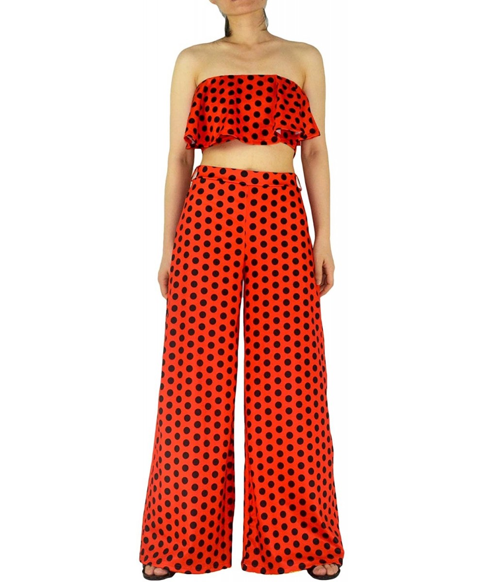 Sets Women's 2 Pieces Outfit Floral Sleeveless Tube Top Palazzo Long Pants High Waist Jumpsuits - Polka Dot Orange Red - CB18...