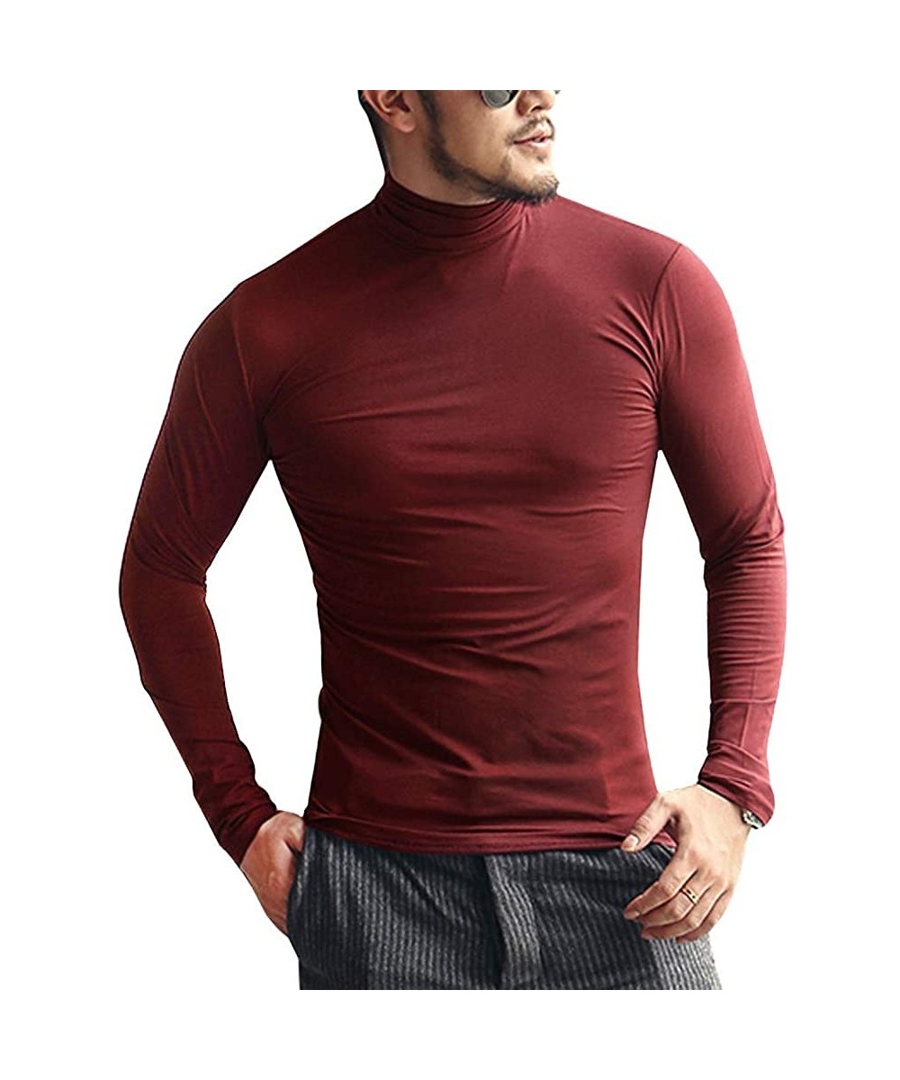 Thermal Underwear Men's Turtleneck Long Sleeve Pullover T-Shirt Cotton Lightweight Slim Thermal Undershirt - Wine Red - C1193...