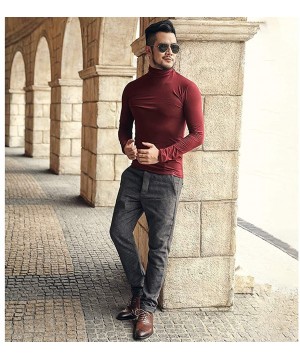 Thermal Underwear Men's Turtleneck Long Sleeve Pullover T-Shirt Cotton Lightweight Slim Thermal Undershirt - Wine Red - C1193...