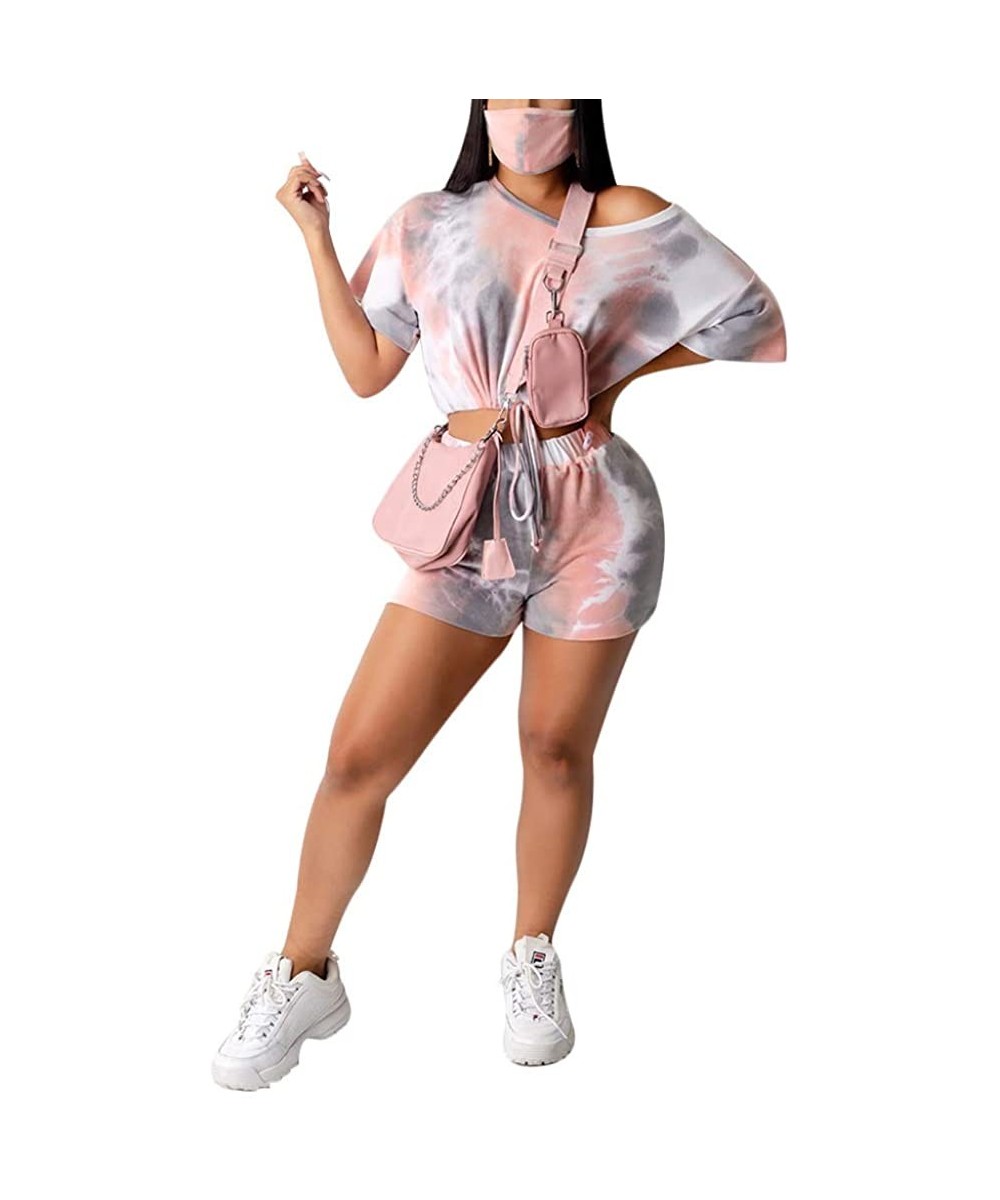 Sets Women's 2 Piece Short Pajamas Set with Facemask Tie Dye Printed Nightwear Sleepwear Loungewear - Pink - CN190U4N5H4