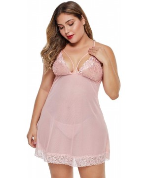 Baby Dolls & Chemises Women's Plus Size Lace Babydoll Chemise Sleepwear Back Crisscross Lingerie Set - Pink - CK18GTWSIGU