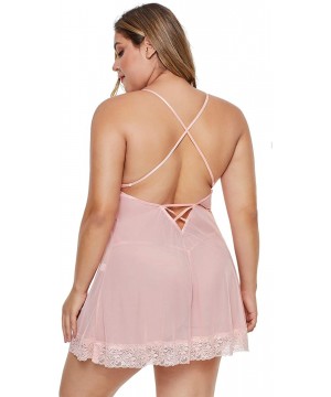 Baby Dolls & Chemises Women's Plus Size Lace Babydoll Chemise Sleepwear Back Crisscross Lingerie Set - Pink - CK18GTWSIGU