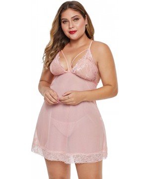 Baby Dolls & Chemises Women's Plus Size Lace Babydoll Chemise Sleepwear Back Crisscross Lingerie Set - Pink - CK18GTWSIGU