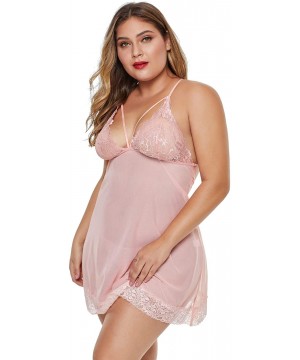 Baby Dolls & Chemises Women's Plus Size Lace Babydoll Chemise Sleepwear Back Crisscross Lingerie Set - Pink - CK18GTWSIGU