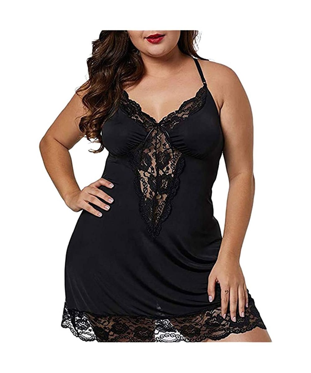 Slips Women Sleepwear Deep V Neck Satin Lingerie Silk Nightgown Lace Babydoll Silky Chemise Nightdress - Black - CJ1944ZMA5L