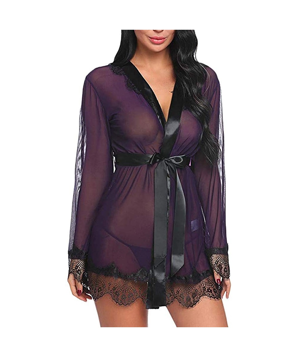 Accessories Women's Lace Kimono Robe Lingerie Babydoll Silk Sheer Nightwear with Belt - Purple - CK18M4Y6XC6