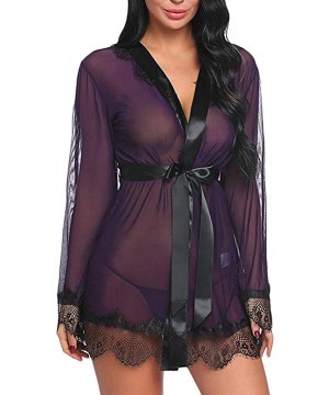 Accessories Women's Lace Kimono Robe Lingerie Babydoll Silk Sheer Nightwear with Belt - Purple - CK18M4Y6XC6