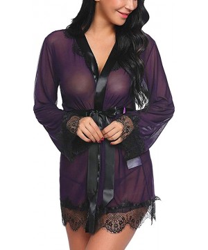 Accessories Women's Lace Kimono Robe Lingerie Babydoll Silk Sheer Nightwear with Belt - Purple - CK18M4Y6XC6