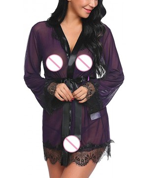 Accessories Women's Lace Kimono Robe Lingerie Babydoll Silk Sheer Nightwear with Belt - Purple - CK18M4Y6XC6