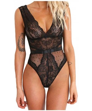 Baby Dolls & Chemises Women Sexy Lace Babydoll Lingerie V-Neck Backless Bodysuit Nightwear Jumpsuit - Black - C9194I9UEAM