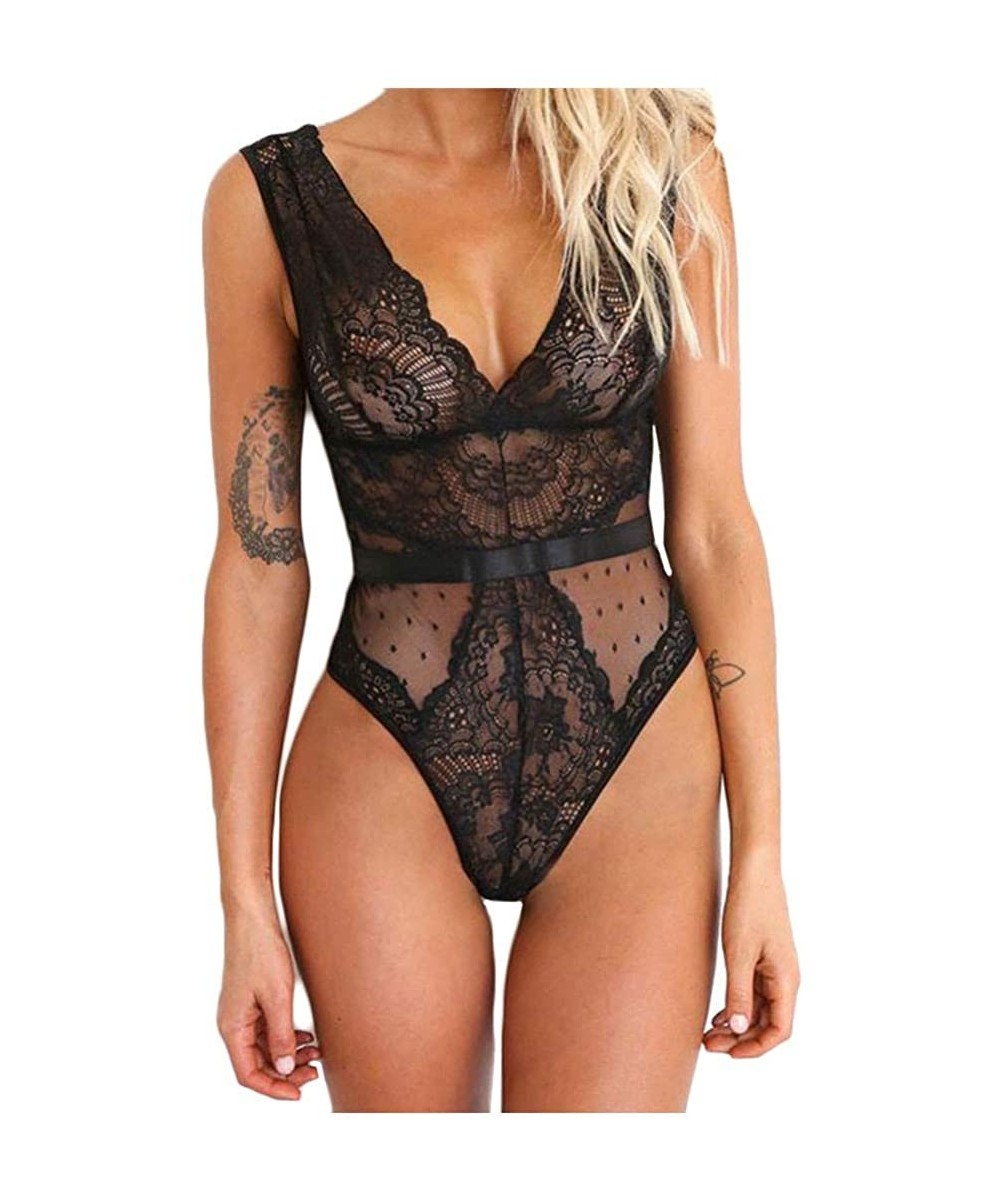 Baby Dolls & Chemises Women Sexy Lace Babydoll Lingerie V-Neck Backless Bodysuit Nightwear Jumpsuit - Black - C9194I9UEAM