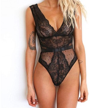 Baby Dolls & Chemises Women Sexy Lace Babydoll Lingerie V-Neck Backless Bodysuit Nightwear Jumpsuit - Black - C9194I9UEAM