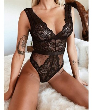 Baby Dolls & Chemises Women Sexy Lace Babydoll Lingerie V-Neck Backless Bodysuit Nightwear Jumpsuit - Black - C9194I9UEAM