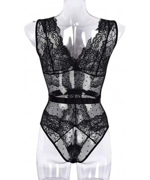 Baby Dolls & Chemises Women Sexy Lace Babydoll Lingerie V-Neck Backless Bodysuit Nightwear Jumpsuit - Black - C9194I9UEAM