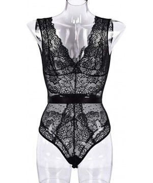 Baby Dolls & Chemises Women Sexy Lace Babydoll Lingerie V-Neck Backless Bodysuit Nightwear Jumpsuit - Black - C9194I9UEAM