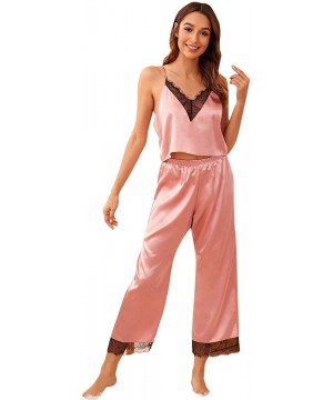 Sets Women's Sleepwear Lace Trim Satin Cami Top with Long Pants Pajama Set - Pink - CN194T8A5SY