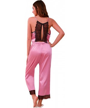 Sets Women's Sleepwear Lace Trim Satin Cami Top with Long Pants Pajama Set - Pink - CN194T8A5SY