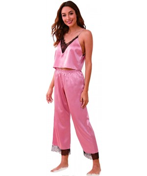 Sets Women's Sleepwear Lace Trim Satin Cami Top with Long Pants Pajama Set - Pink - CN194T8A5SY