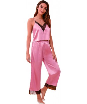 Sets Women's Sleepwear Lace Trim Satin Cami Top with Long Pants Pajama Set - Pink - CN194T8A5SY