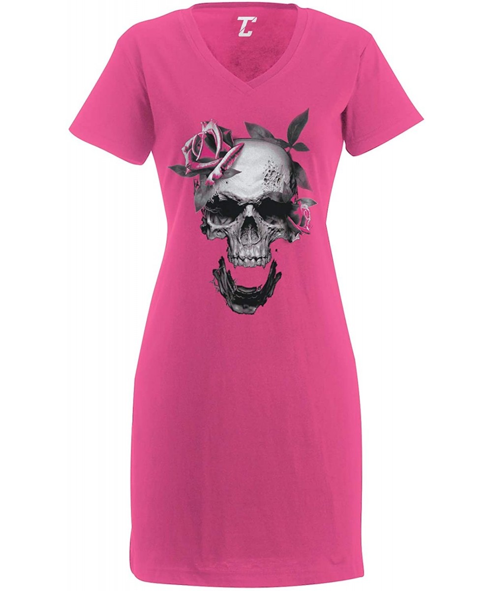 Nightgowns & Sleepshirts Pink Rose Skull - Badass Skeleton Women's Nightshirt - Pink - CG18S9XRDRL