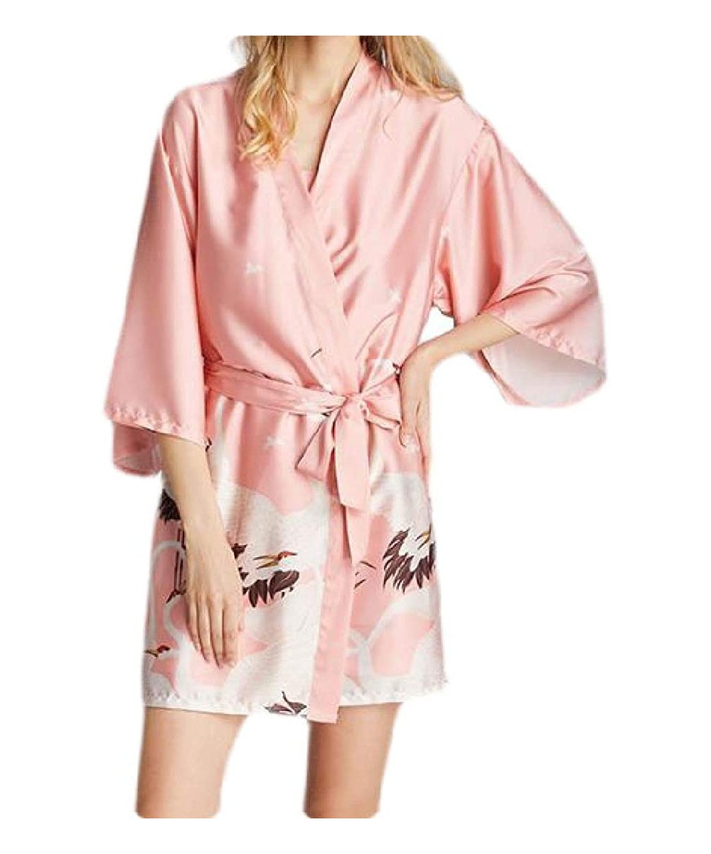 Robes Women's Sleep Pajama Kimono Satin Belt Homewear Floral Bell Sleeve Plus Size Printed Thin Sleep Bathrobe - Pink - CP19D...