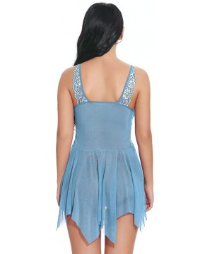 Robes Lingerie for Women Front Closure Babydoll Lace V Neck Mesh Sleepwear Lingerie - Blue - CA19D45064D