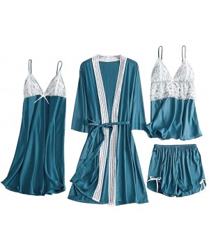 Baby Dolls & Chemises 4Pcs Women's Silk Satin Bathrobe Pajamas Nightgown Kimono Lace Sleepwear Babydoll Nightdress with Short...